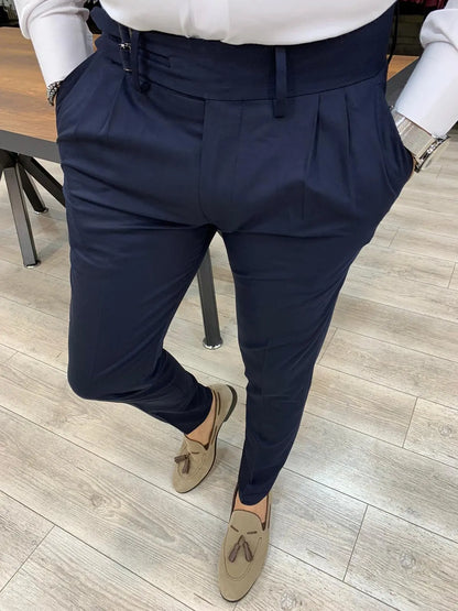 Jake Navy Double Pleated Buckled Slim Pants - Modern Elegance for Every Occasion - BRABION