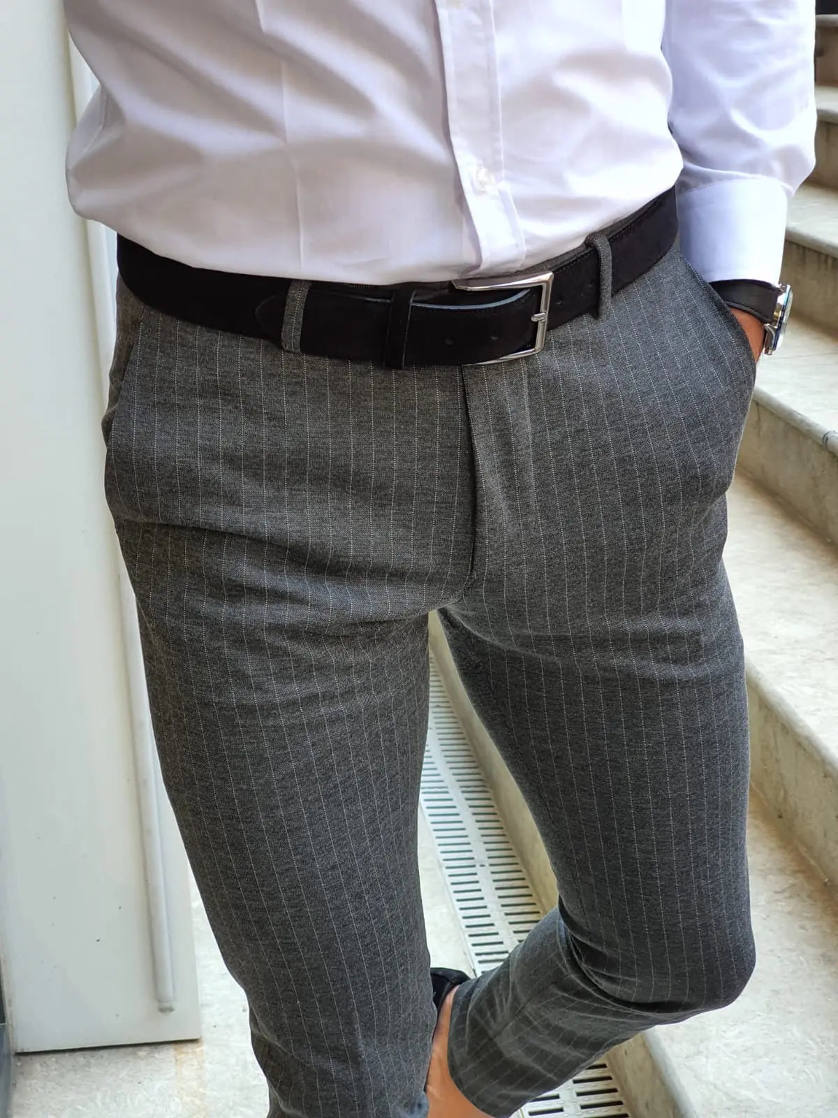 Oakland Anthracite Slim Fit Pinstripe Pants - BRABION