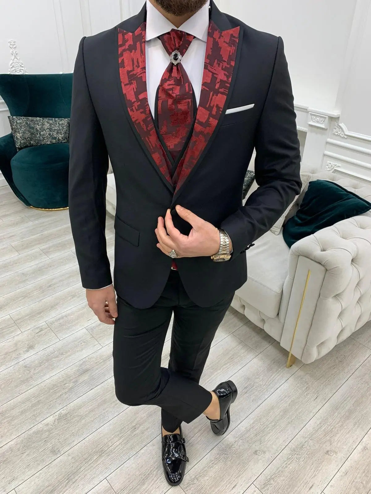 Paris Burgundy Black Slim Fit Peak Lapel Wedding Suit - BRABION