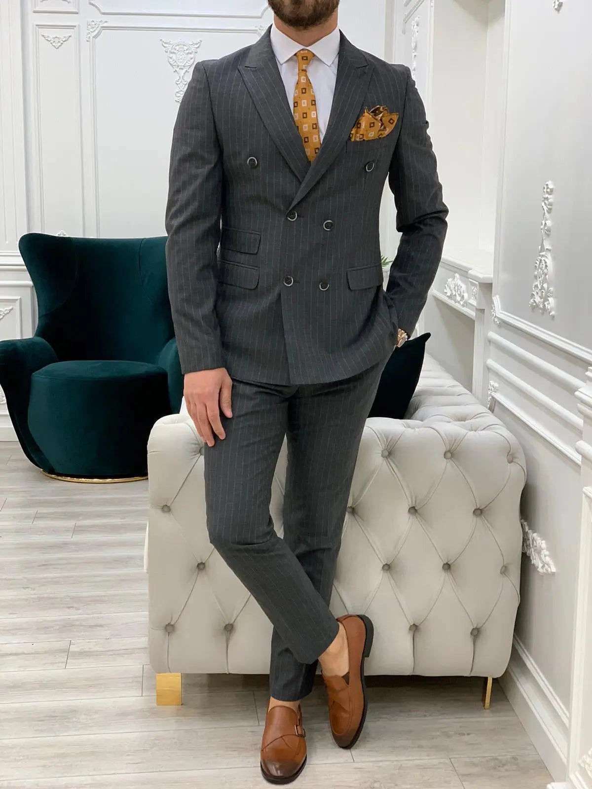 Milano Gray Slim Fit Double Breasted Pinstripe Suit BOJONI