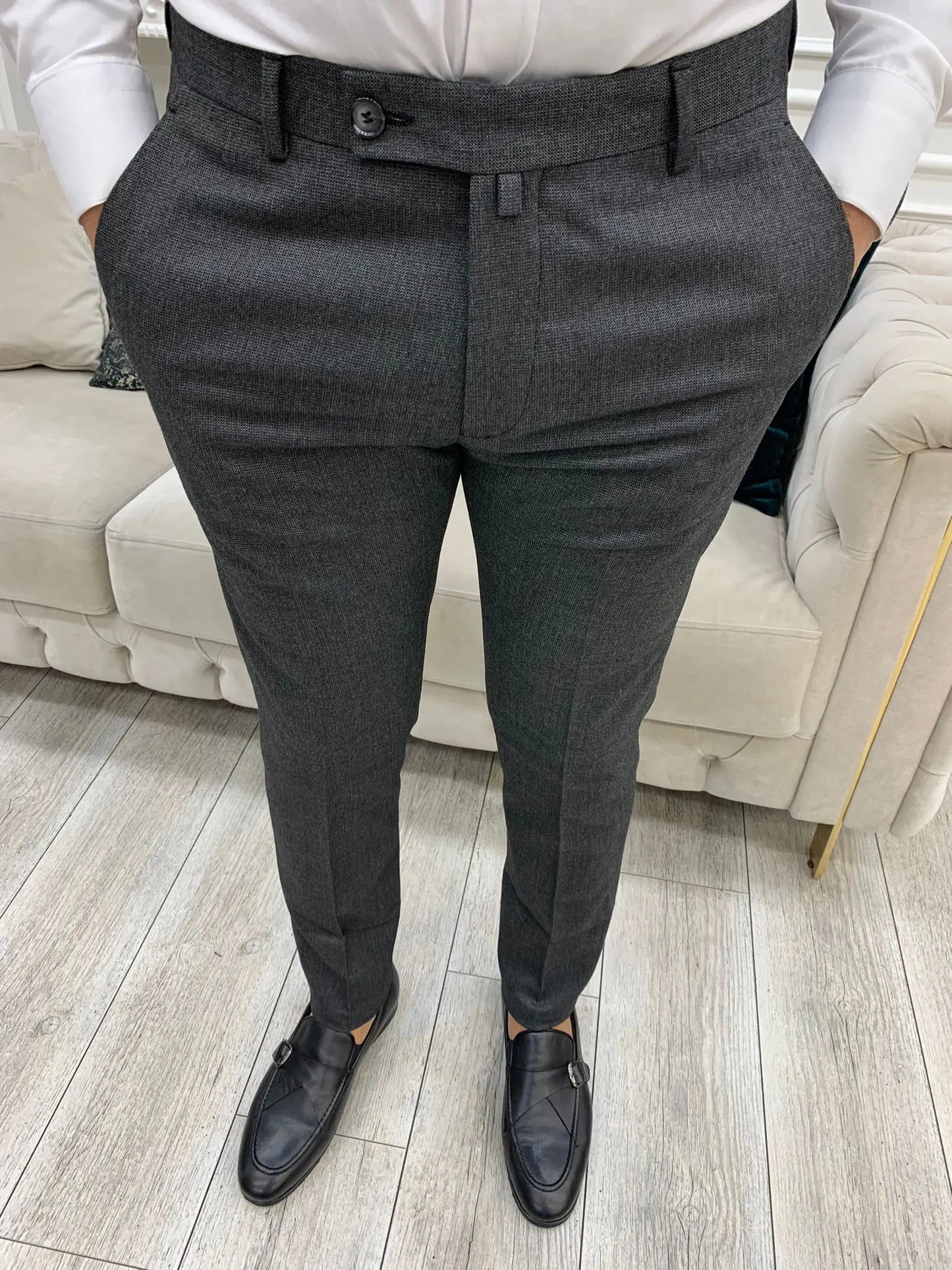 Grey Italian Style Slim Fit Trousers for Men - BRABION