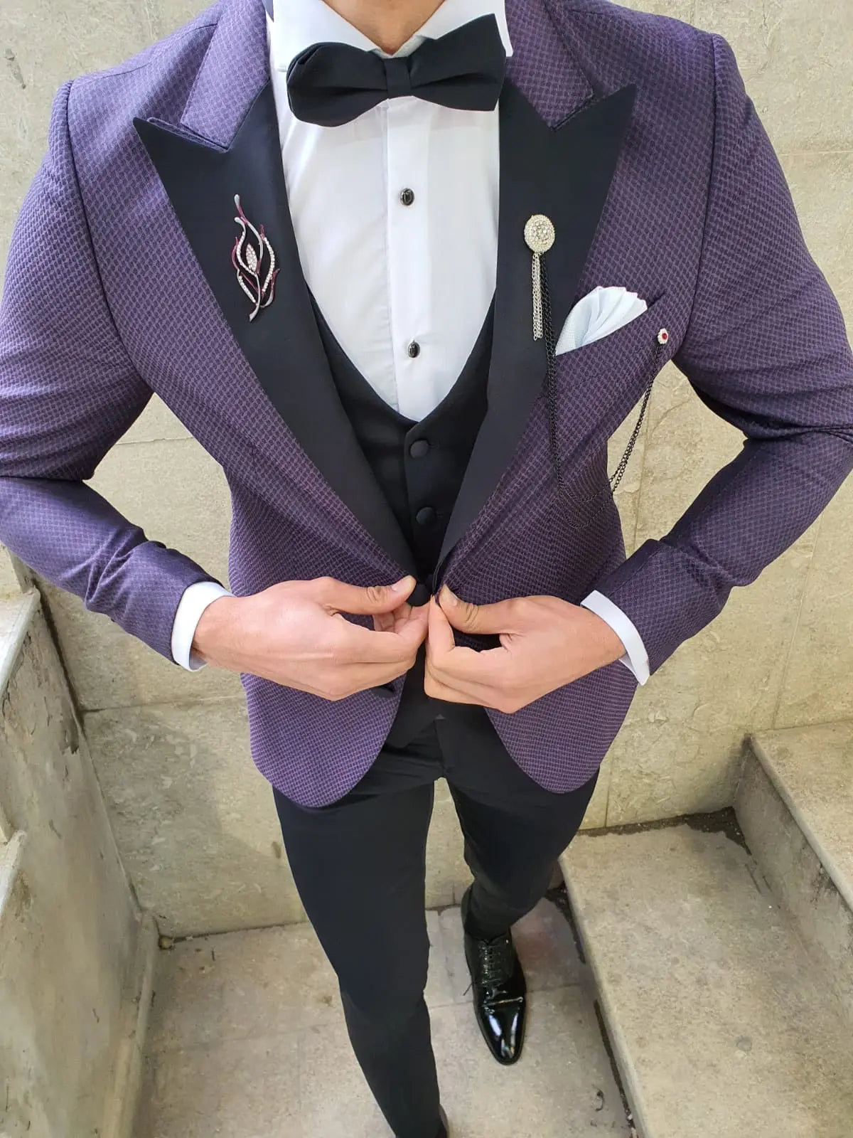 VillaNova Purple Slim Fit Patterned Tuxedo - BRABION