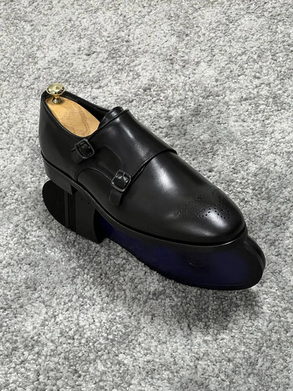 Lenzi Special Edition Neolite Sole Double Monk Stap Black Shoes - BRABION