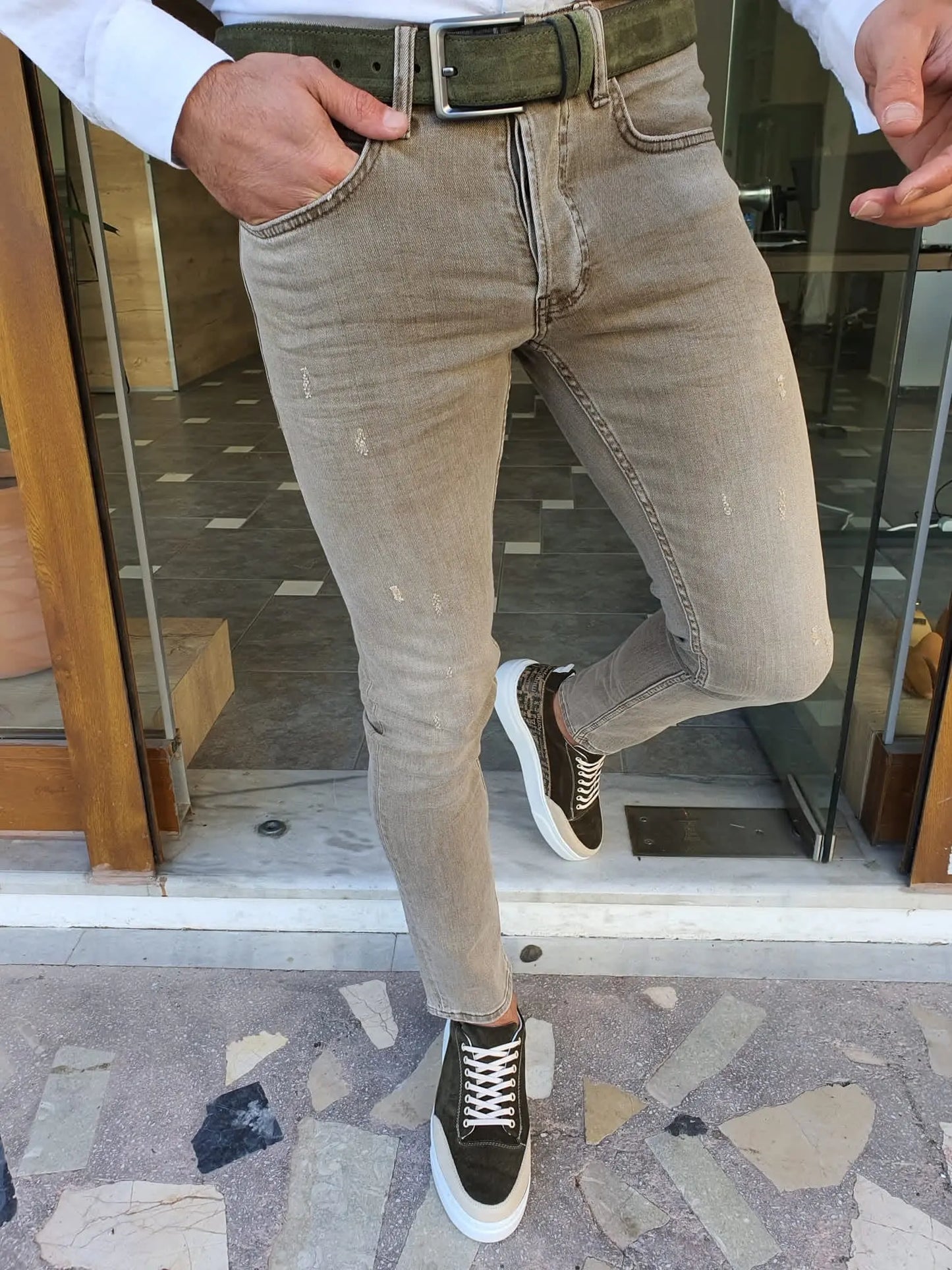Klim Khaki Slim Fit Ripped Jeans - Stylish Versatility for Every Occasion - BRABION