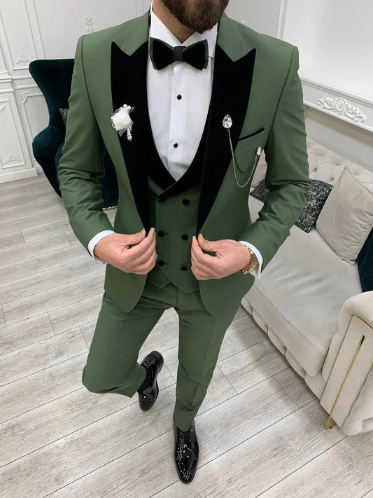 Eden Light Green Slim Fit Velvet Peak Lapel Tuxedo - BRABION