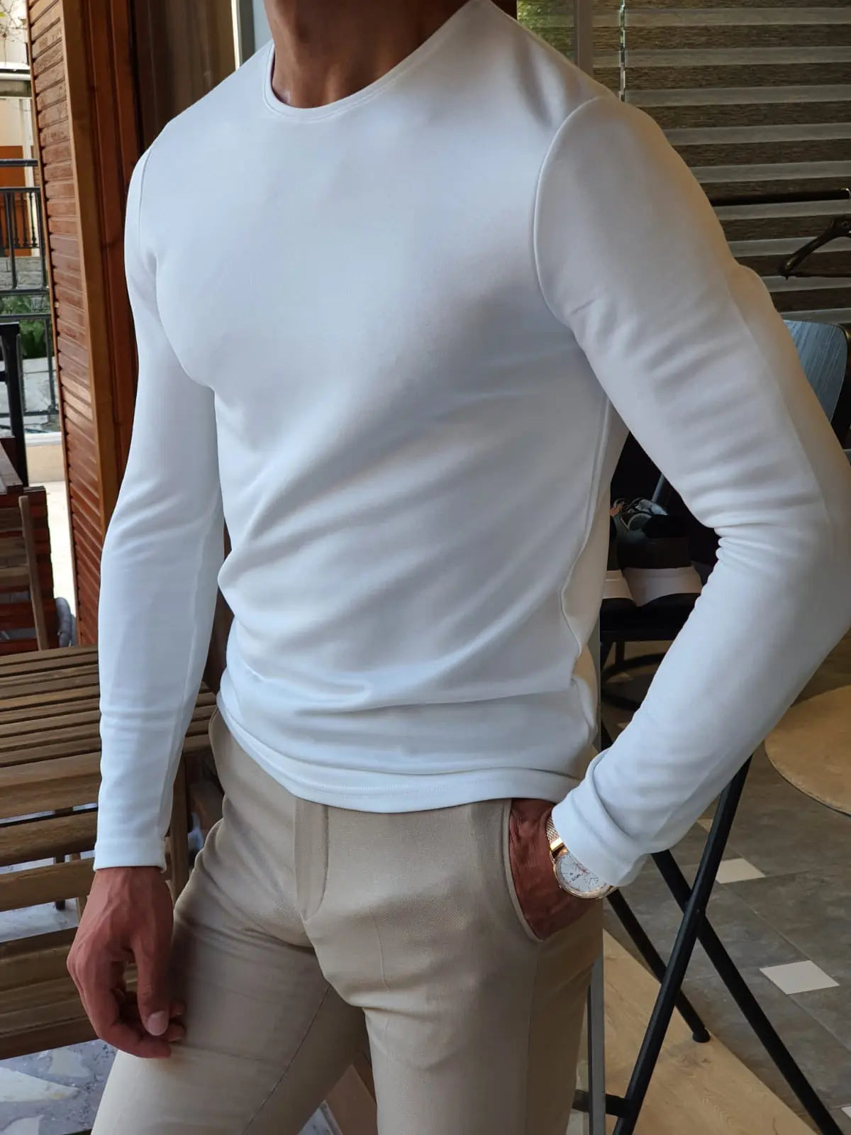 Stefano White Slim Fit Round Neck Sweater - BRABION