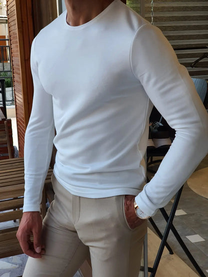 Stefano White Slim Fit Round Neck Sweater - BRABION