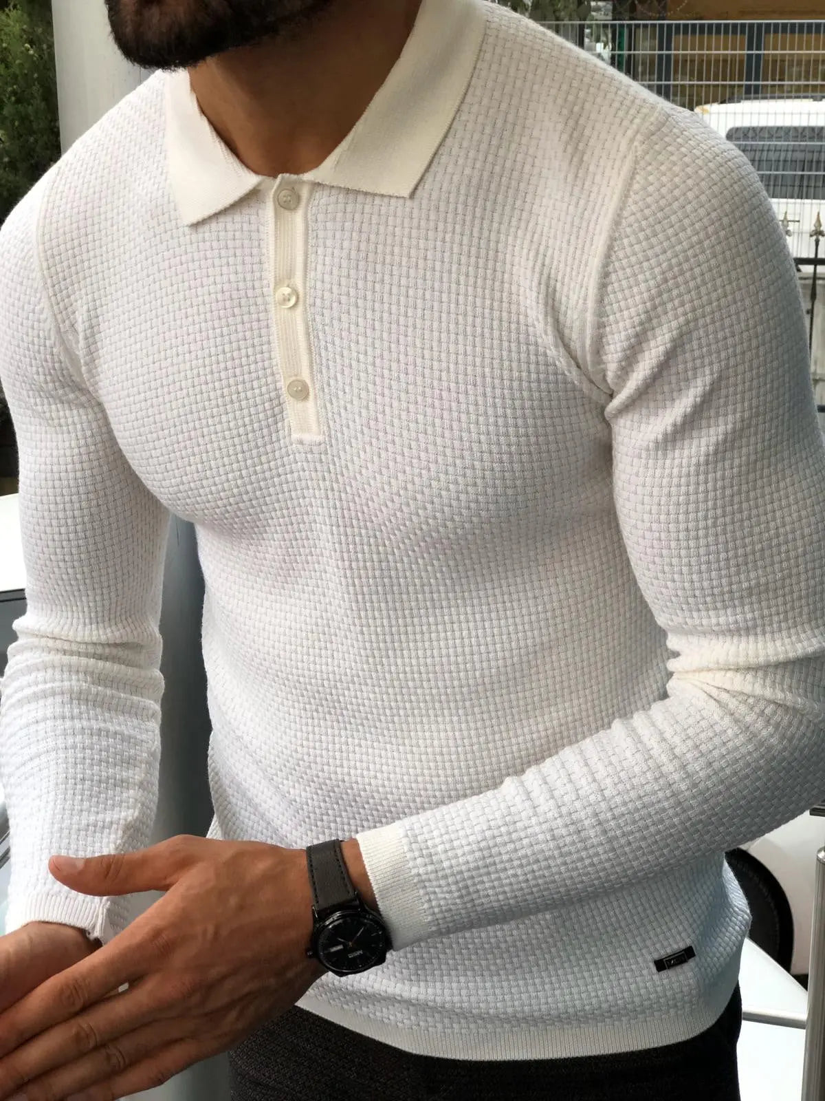 Fabros White Slim Fit Patterned Sweater - BRABION