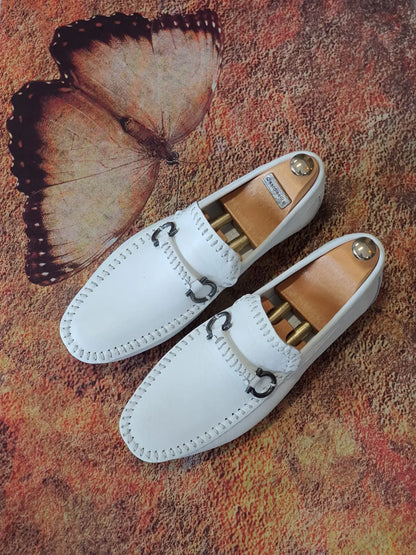 Antonio White Slip On Bit Loafers - Sophisticated Leather Comfort - BRABION