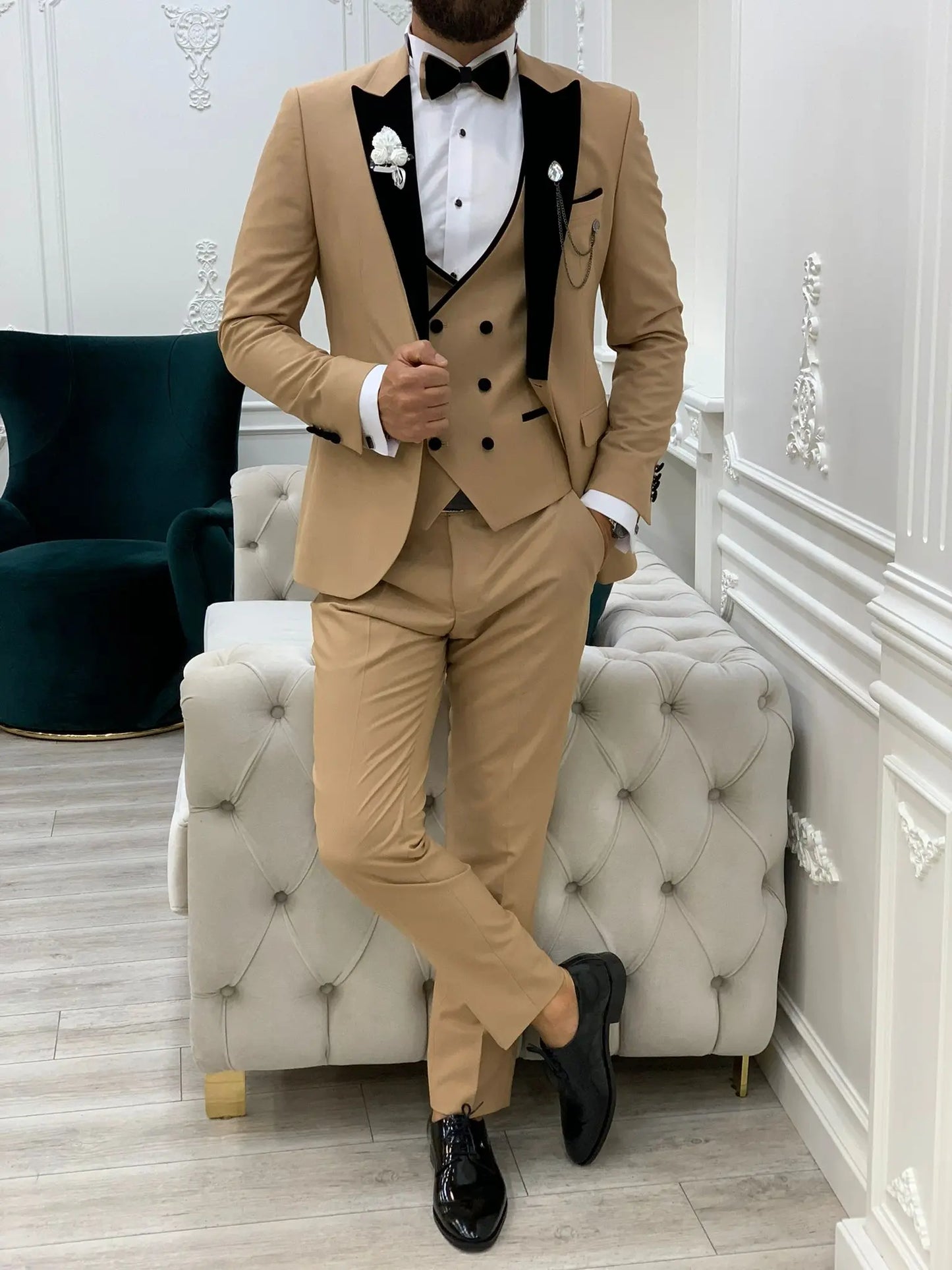 Acacia Golden Slim Fit Velvet Peak Lapel Tuxedo - BRABION