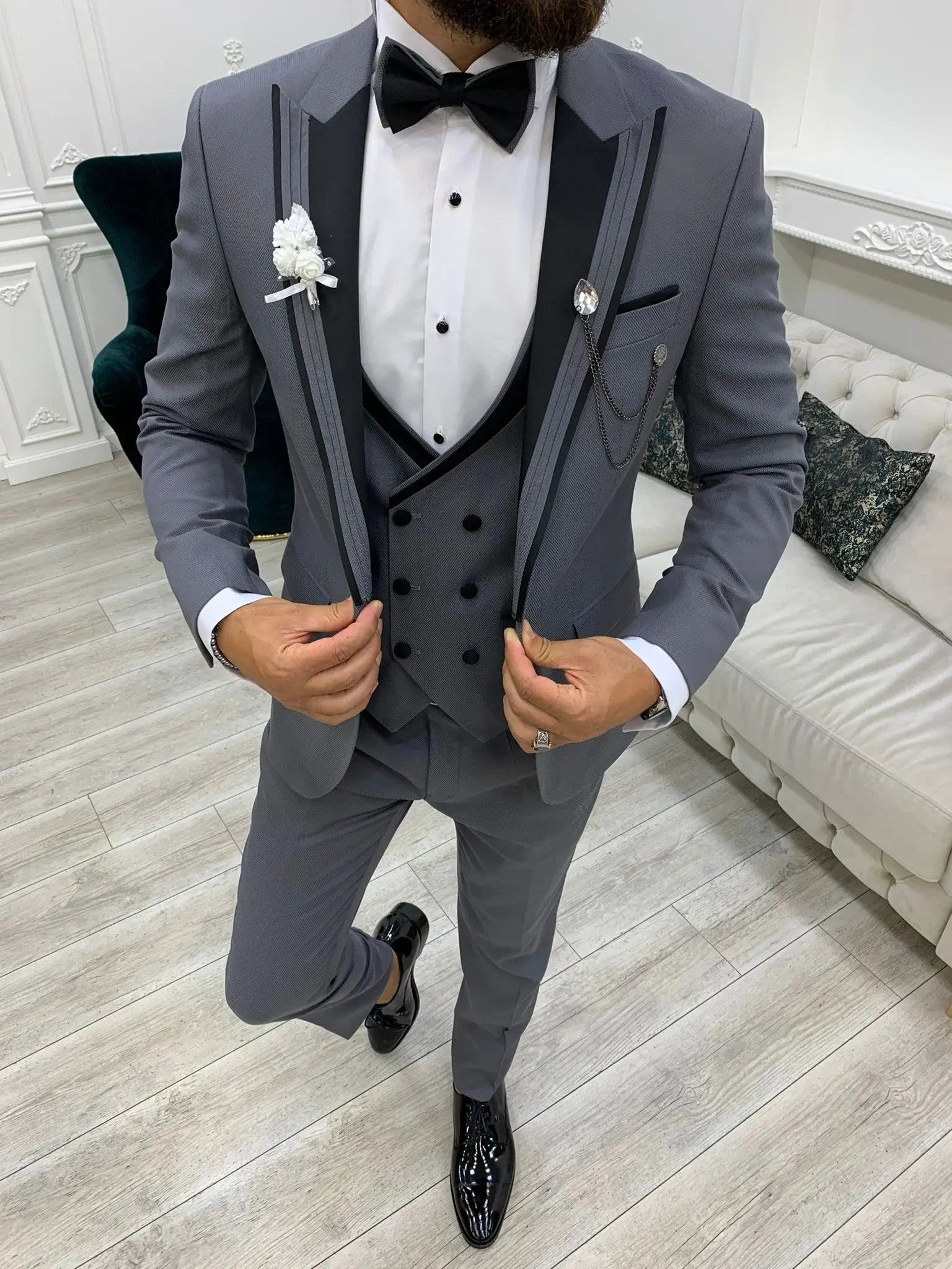 Ventura Gray Slim Fit Peak Lapel Tuxedo – Elevate Your Formal Wardrobe - BRABION
