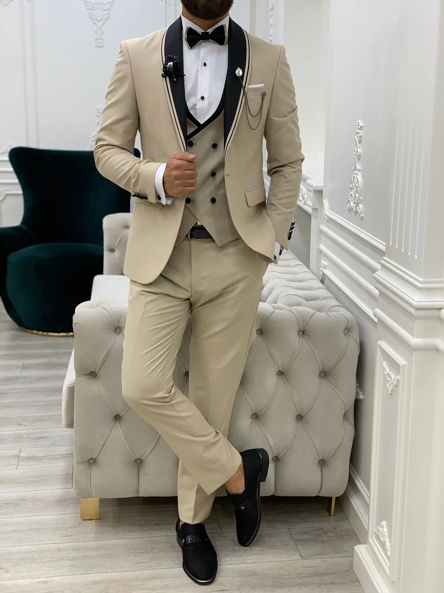 Infinite Beige Slim Fit Shawl Lapel Tuxedo - BRABION