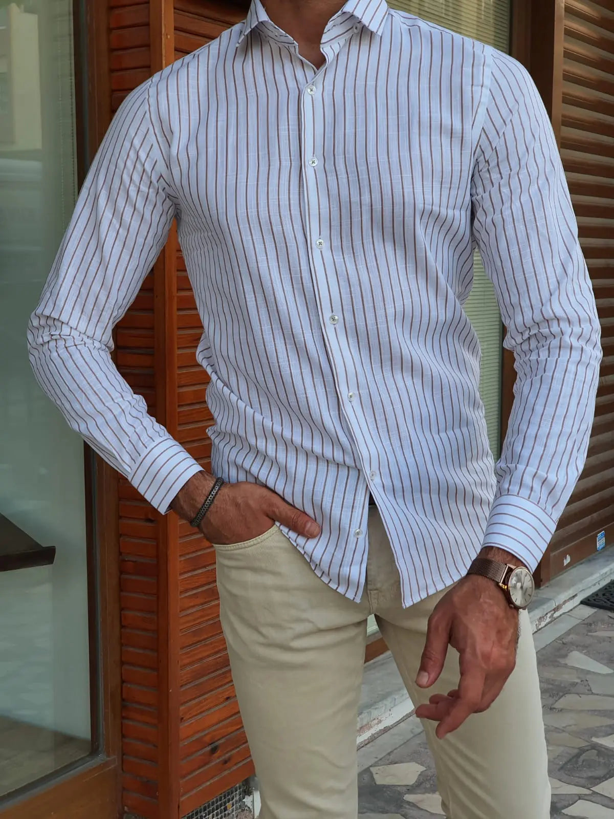 Brabion Berton Beige Slim Fit Long Sleeve Striped Cotton Shirt - BRABION