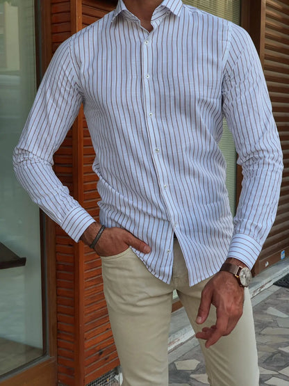 Brabion Berton Beige Slim Fit Long Sleeve Striped Cotton Shirt - BRABION
