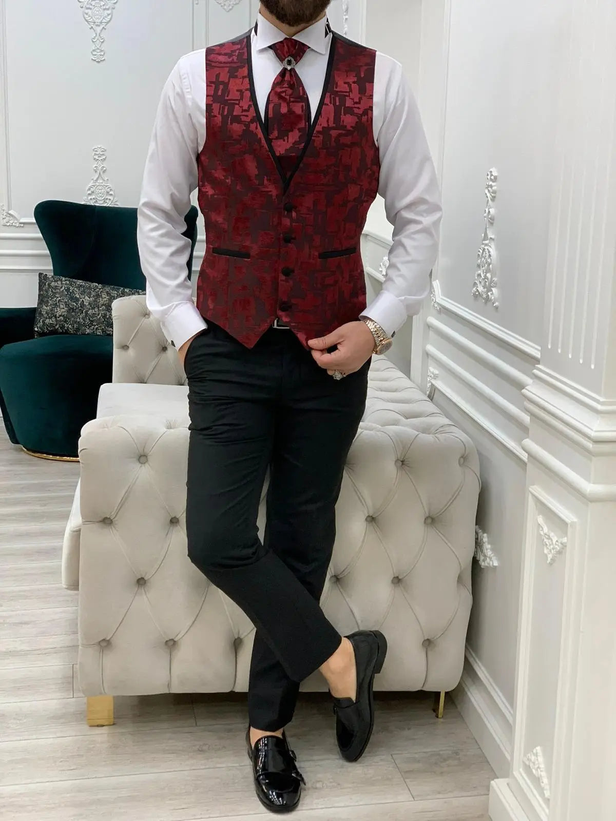 Paris Burgundy Black Slim Fit Peak Lapel Wedding Suit - BRABION