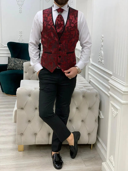 Paris Burgundy Black Slim Fit Peak Lapel Wedding Suit - BRABION