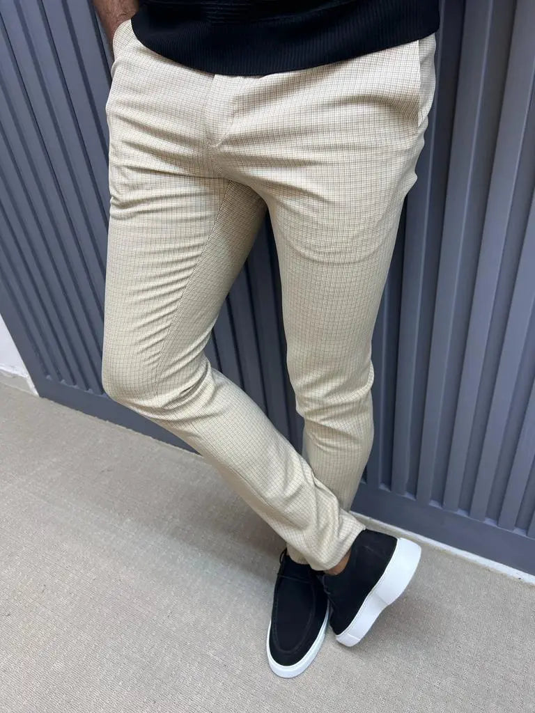 Sorento Beige Slim Fit Plaid Cotton Pants - BRABION