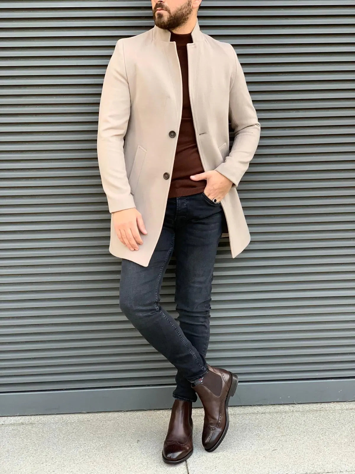 Kenzie Beige Slim Fit Wool Long Coat - Elegance Meets Comfort - BRABION