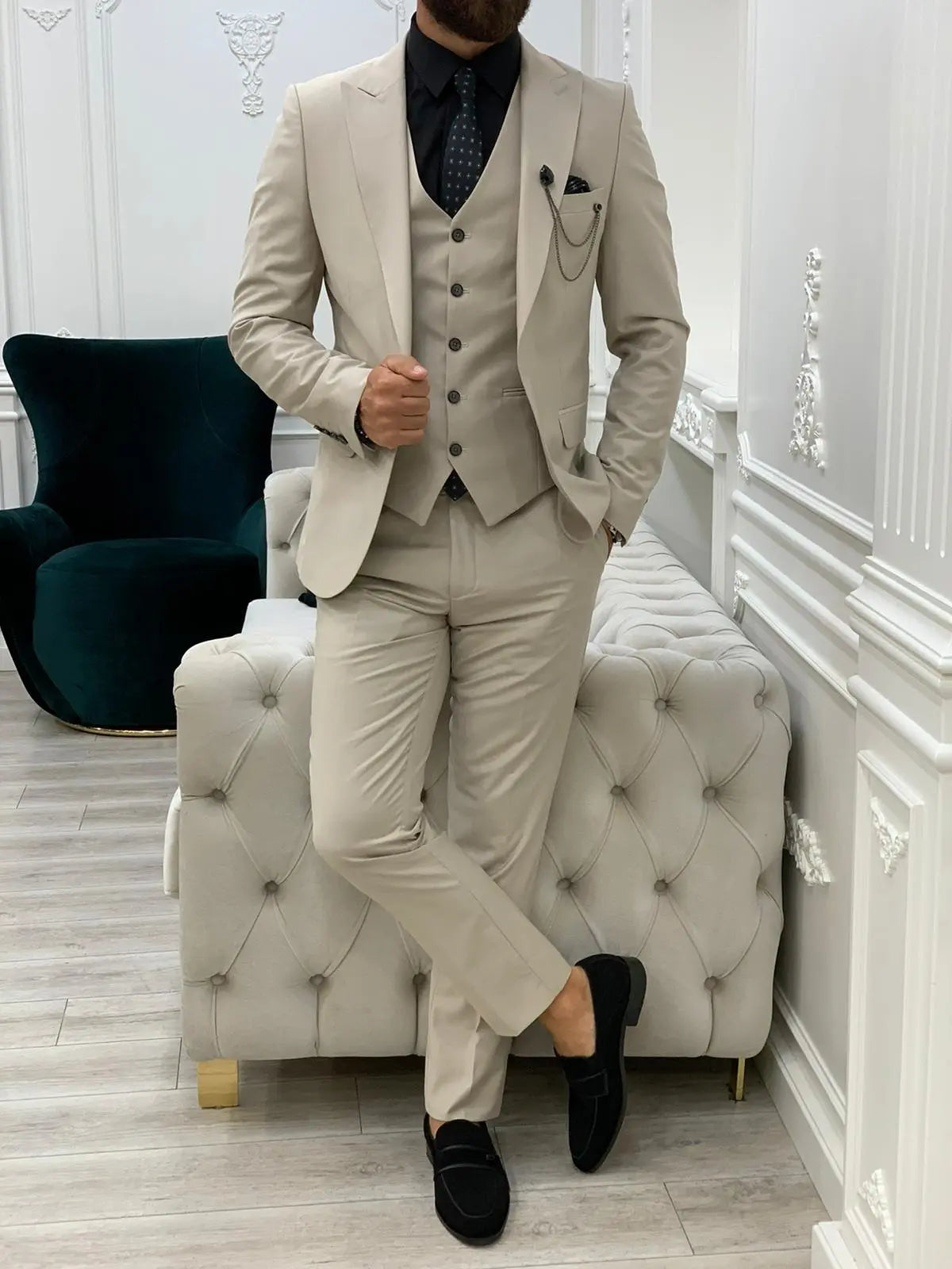 Eros Beige Slim Fit Peak Lapel Suit BOJONI