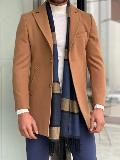 Viena Camel Slim Fit Wool Long Coat - BRABION