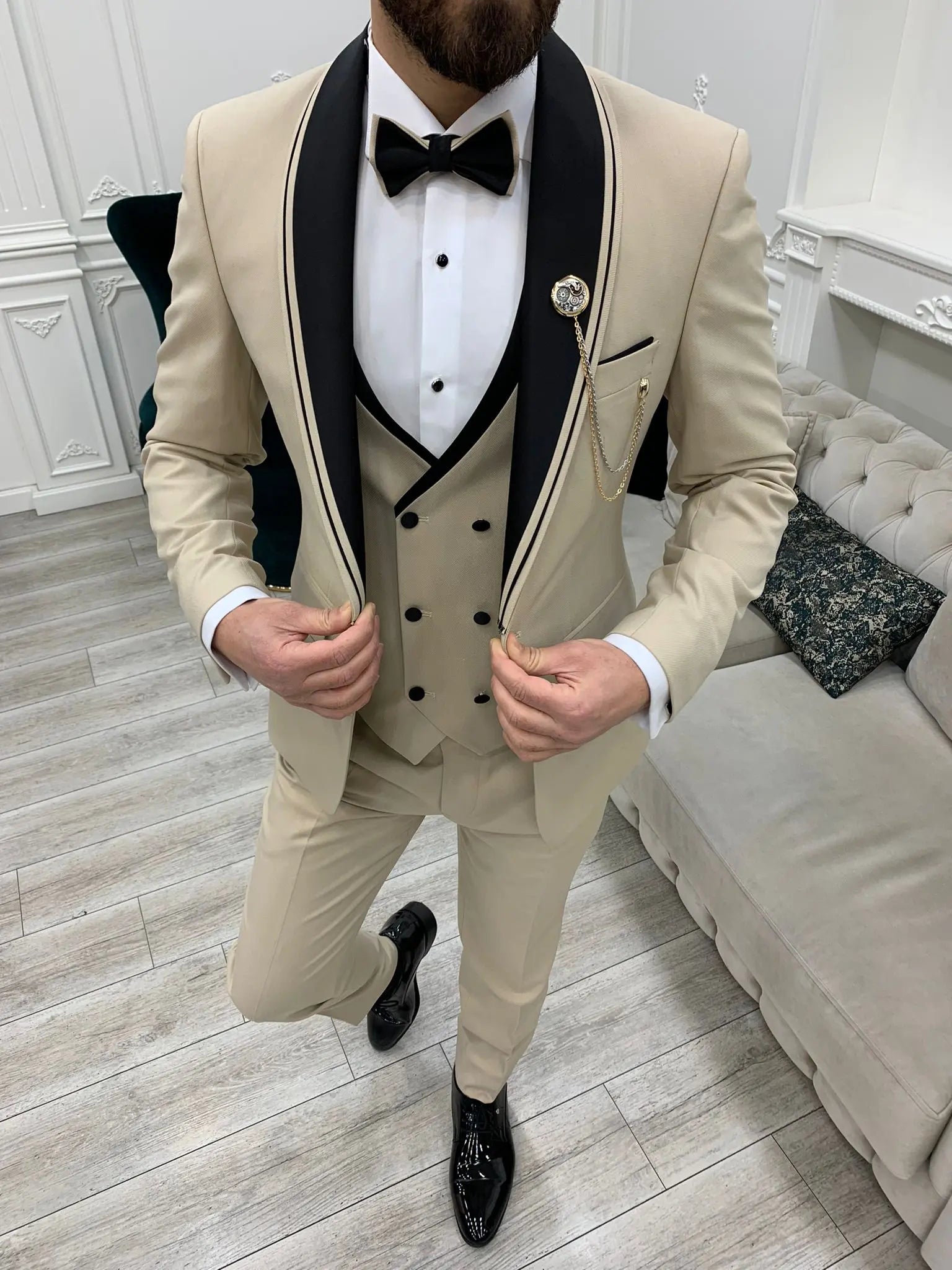 Glendale Beige Slim Fit Shawl Lapel Tuxedo – Elegant Formalwear for Men - BRABION