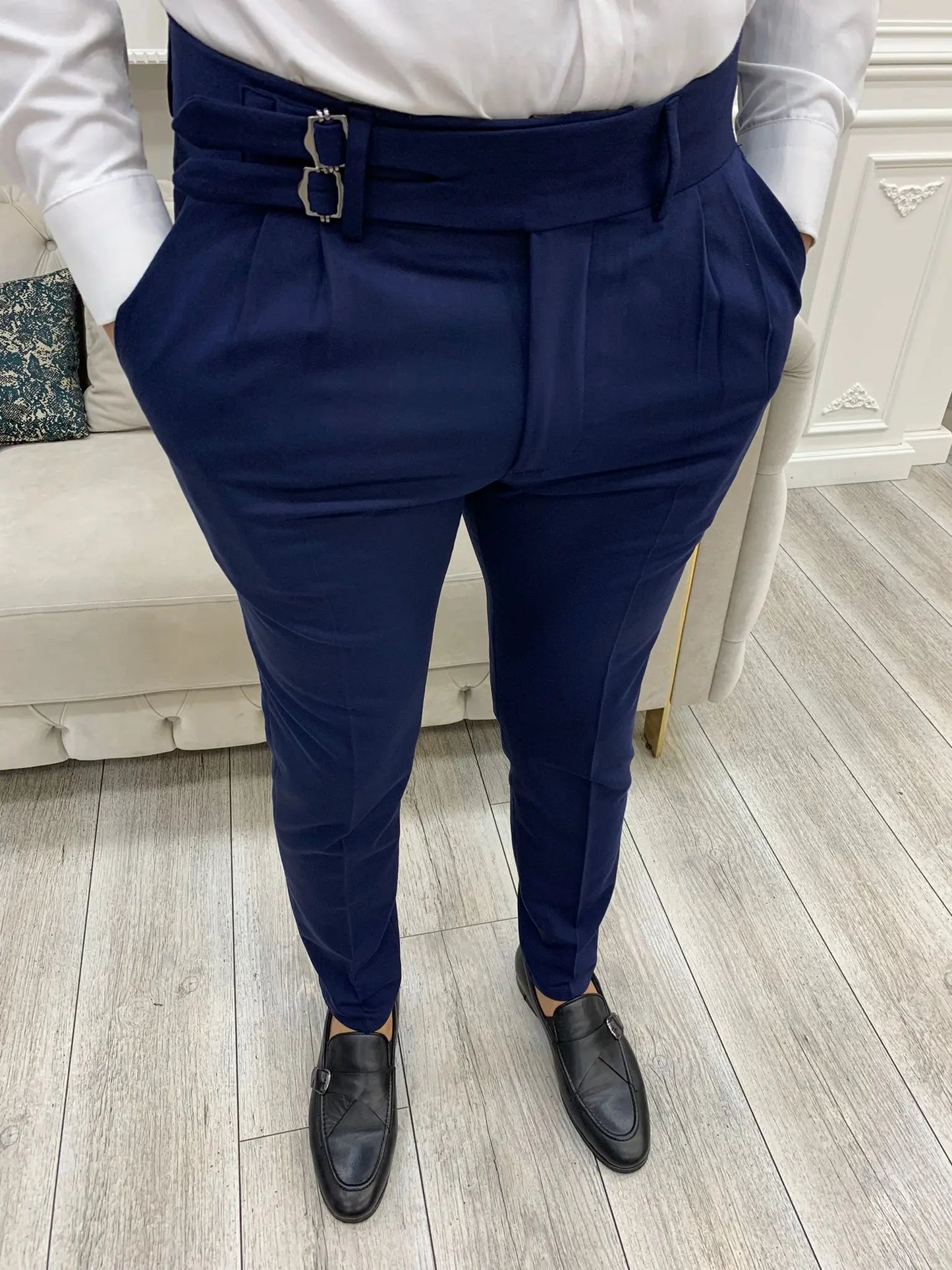 Navy Blue Buckled Canvas Trousers - BRABION