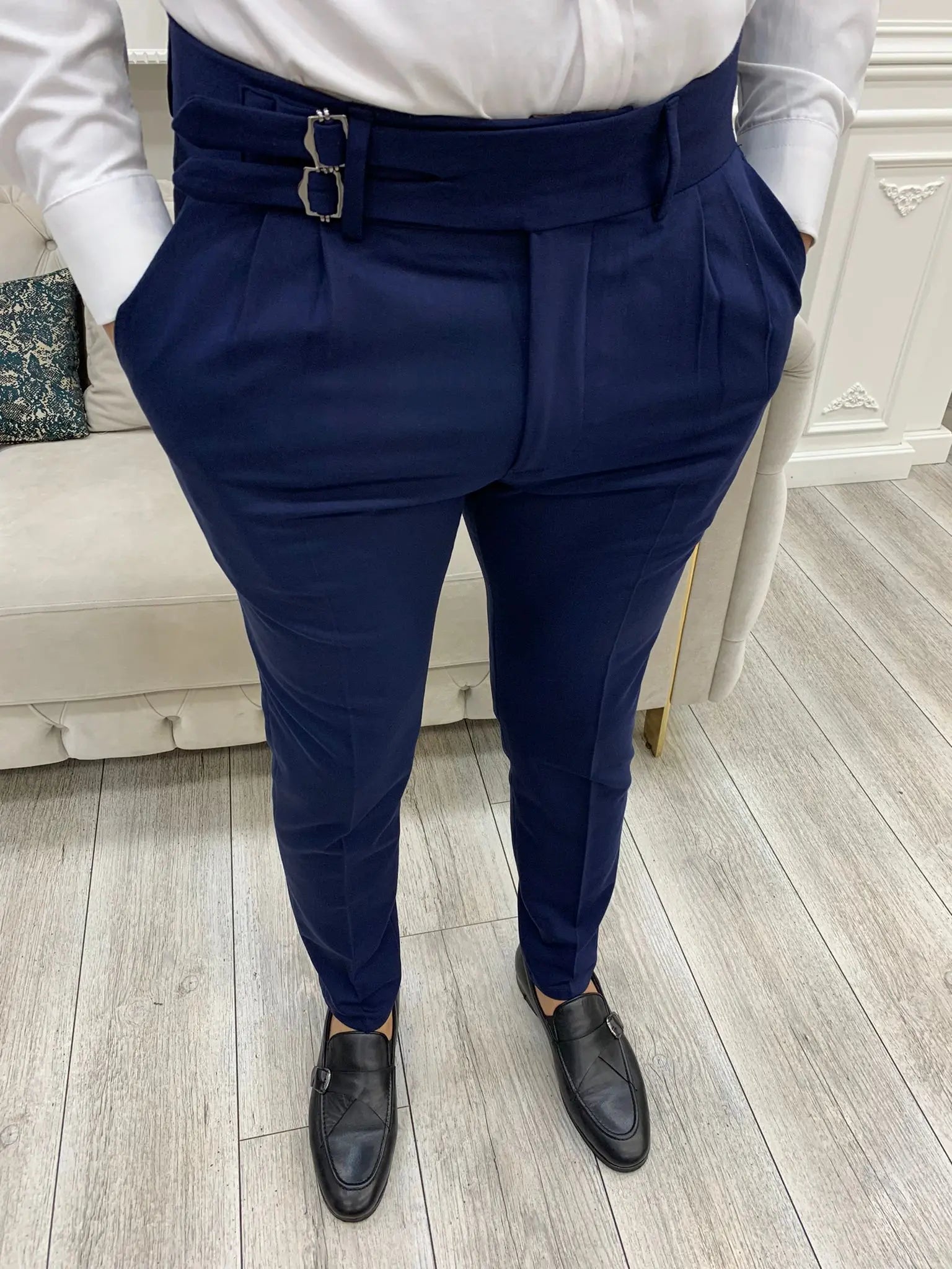 Navy Blue Buckled Canvas Trousers - BRABION