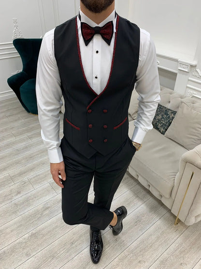 Caesar Red Slim Fit Peak Lapel Floral Patterned Tuxedo - BRABION