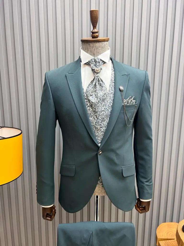 Sorento Green Slim Fit Floral Peak Lapel Groom Suit - BRABION