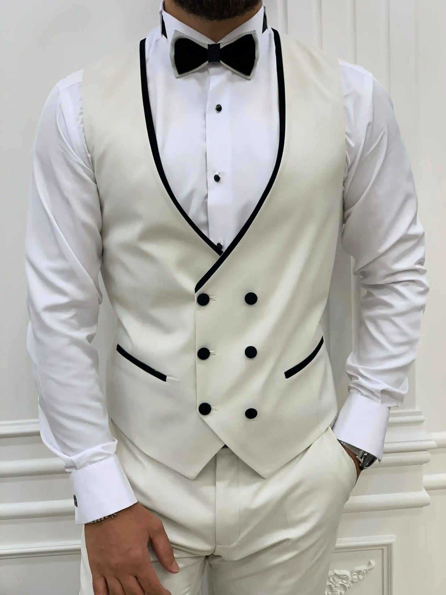 Acacia White Slim Fit Velvet Peak Lapel Tuxedo - Elevate Your Formal Wardrobe - BRABION