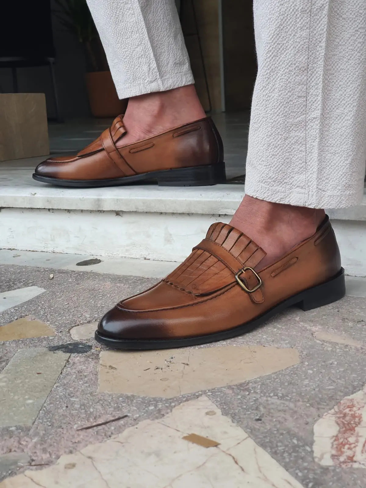 Bristol Tan Buckle Detailed Leather Loafers - BRABION