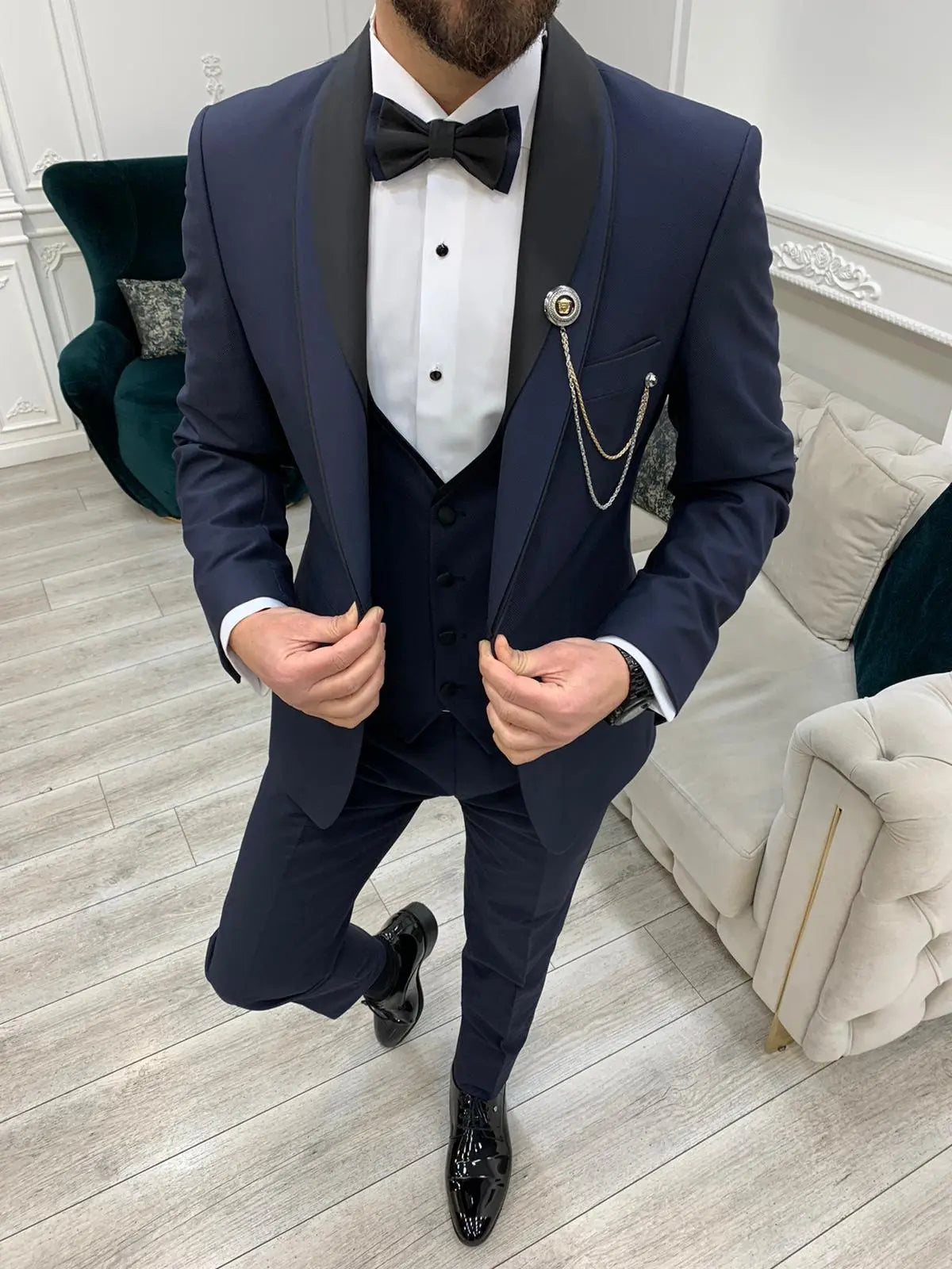 Eden Joliet Navy Blue Slim Fit Shawl Lapel Tuxedo for Men - BRABION