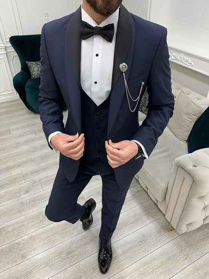 Eden Joliet Navy Blue Slim Fit Shawl Lapel Tuxedo for Men - BRABION
