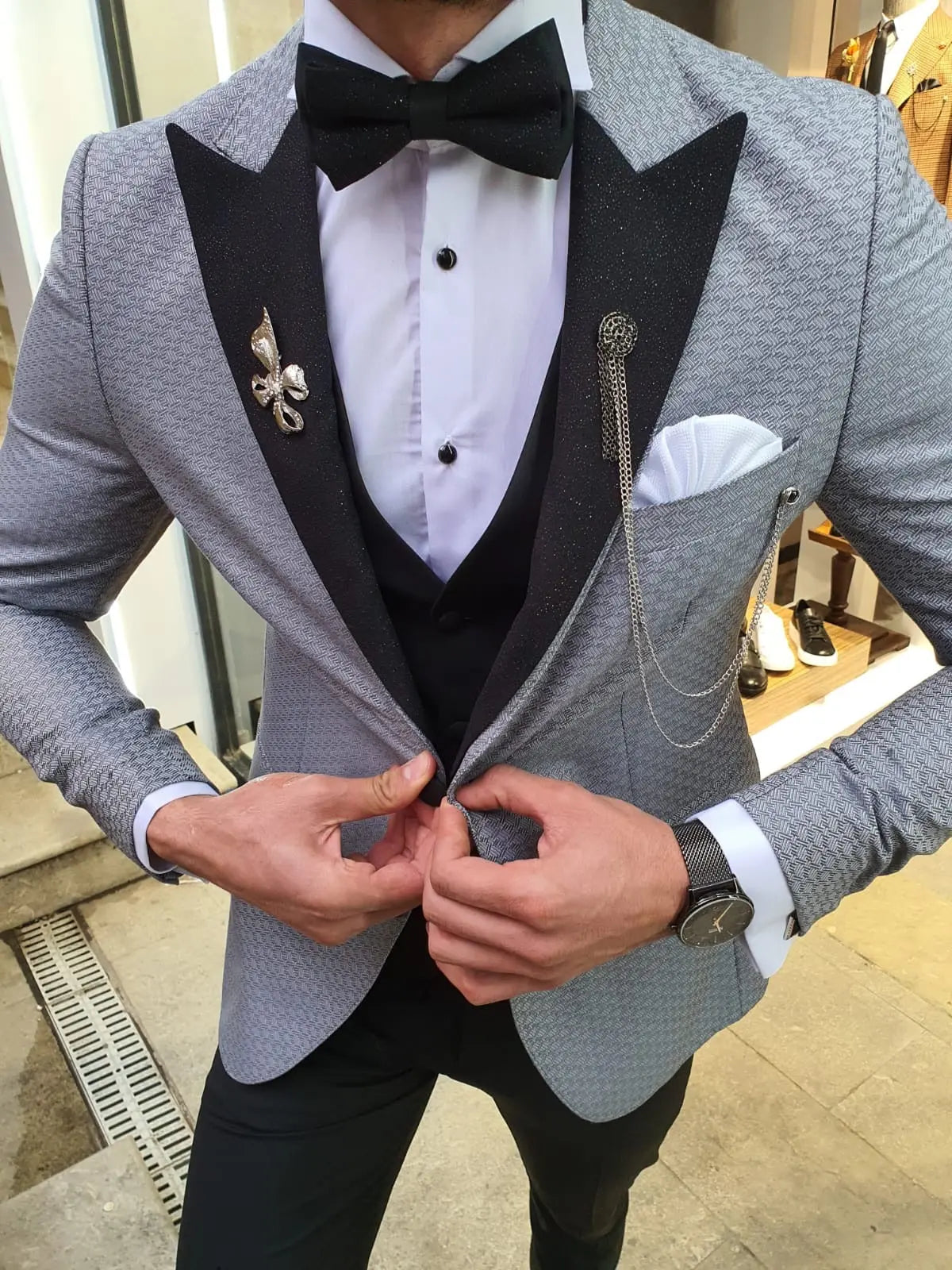 VillaNova Gray Slim Fit Patterned Tuxedo - BRABION