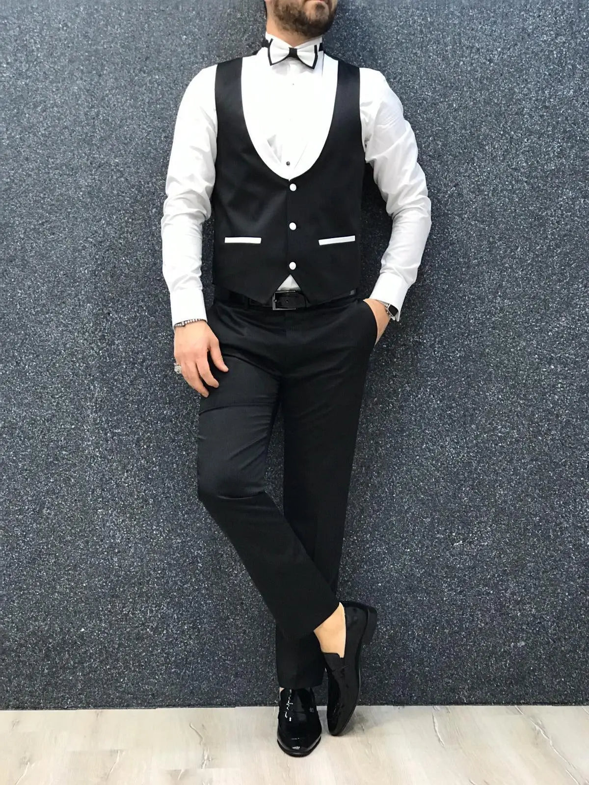 Infinite White Tuxedo with Black Vest - Timeless Elegance for Men - BRABION