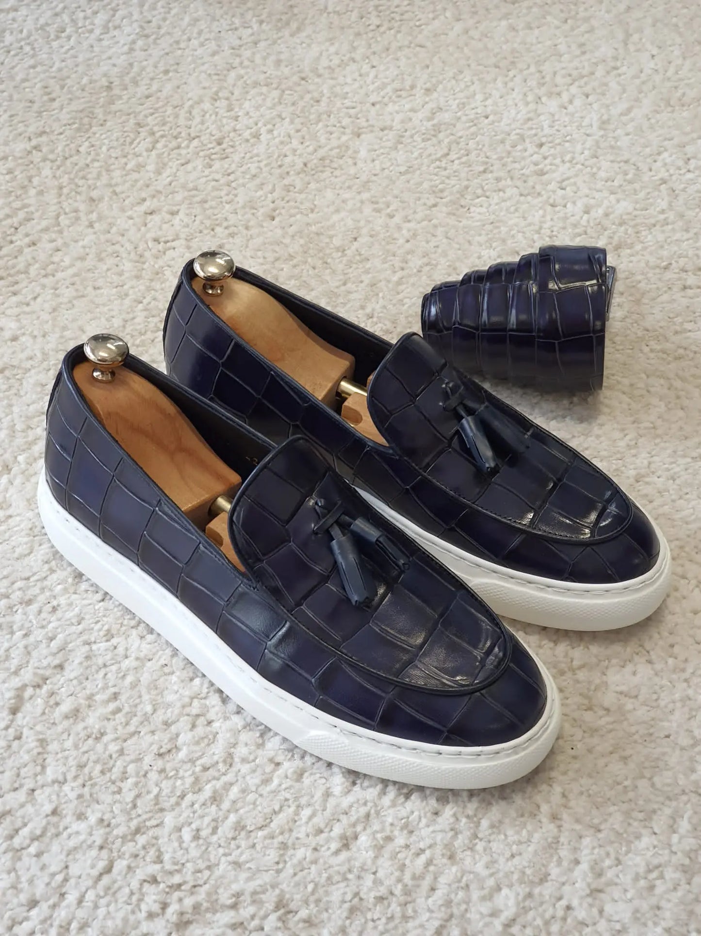 Berton Navy Blue Tassel Loafers: Sophisticated Elegance - BRABION