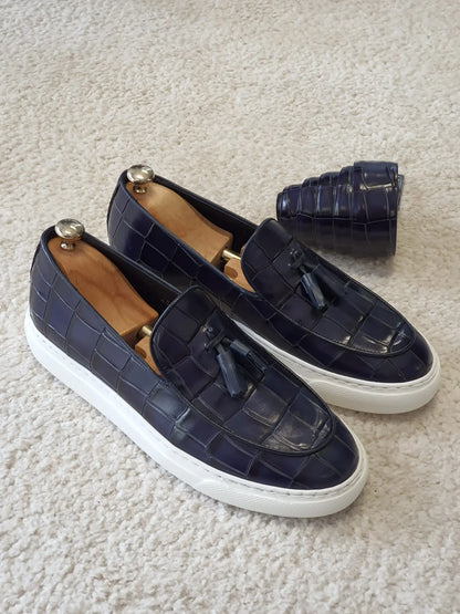 Berton Navy Blue Tassel Loafers: Sophisticated Elegance - BRABION
