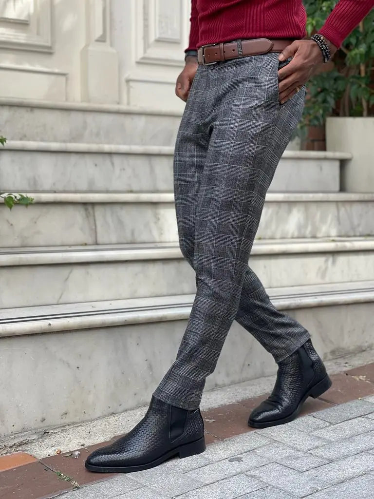 Lazio Black Slim Fit Plaid Pants - BRABION