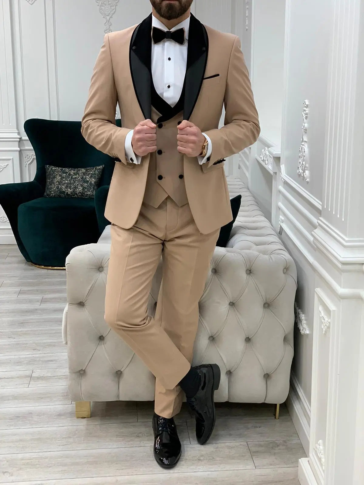 Eden Gold Slim Fit Velvet Shawl Lapel Tuxedo - BRABION
