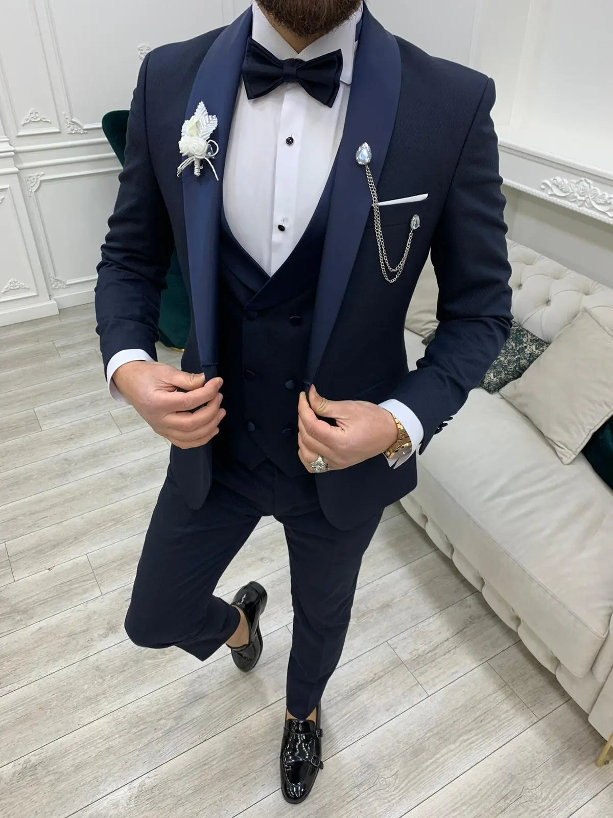 Avion Navy Blue Slim Fit Shawl Lapel Tuxedo - BRABION