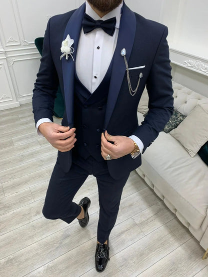 Avion Navy Blue Slim Fit Shawl Lapel Tuxedo - BRABION