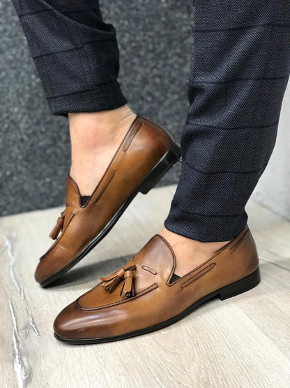 Tassel Leather Brown Loafers - BRABION