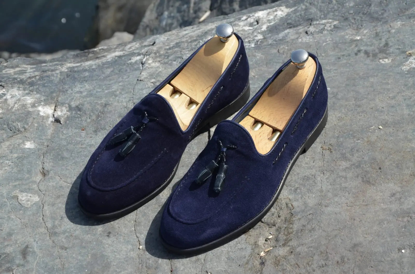 Suade Calf-Leather Loafer Shoes - Navy Blue - BRABION