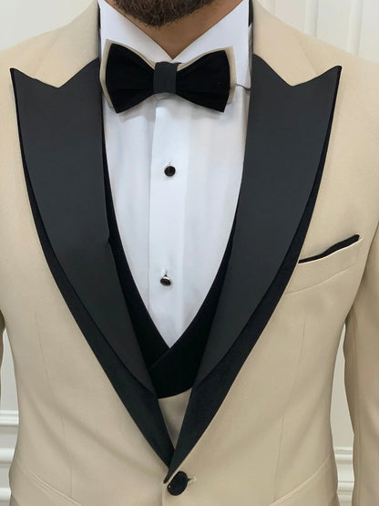 Marbel Beige Slim Fit Velvet Peak Lapel Tuxedo - BRABION