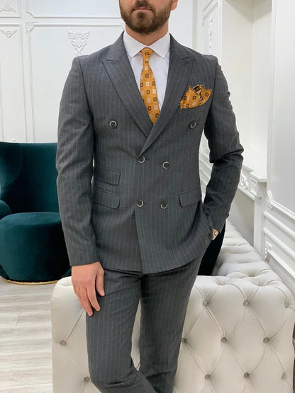 Milano Gray Slim Fit Double Breasted Pinstripe Suit BOJONI