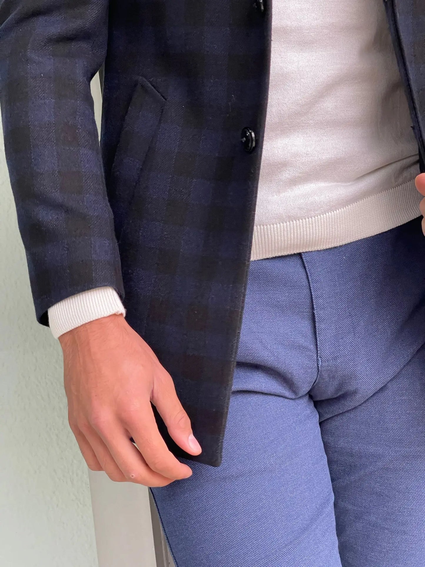 Melbourne Navy Blue Slim Fit Plaid Wool Long Coat - BRABION