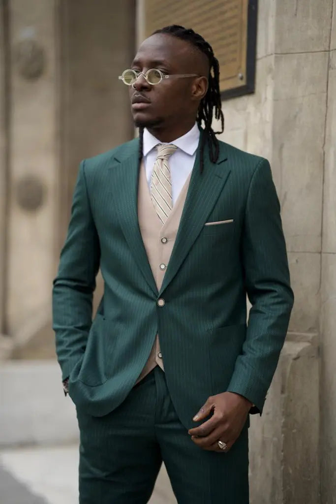 Sorento Green Slim Fit Pinstripe Combination Suit for Men brabion