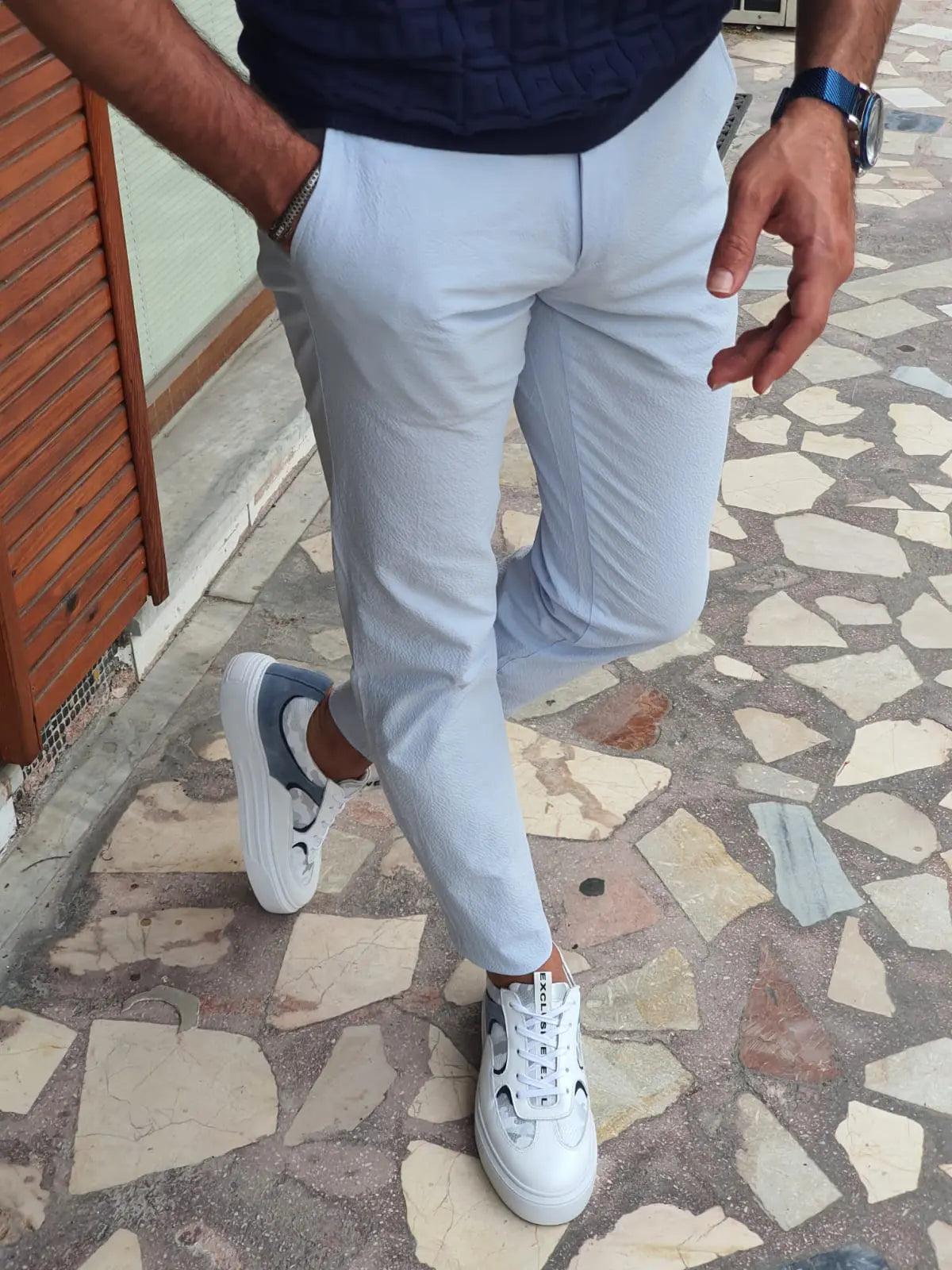 Berton Blue Slim Fit Cotton Pants - BRABION