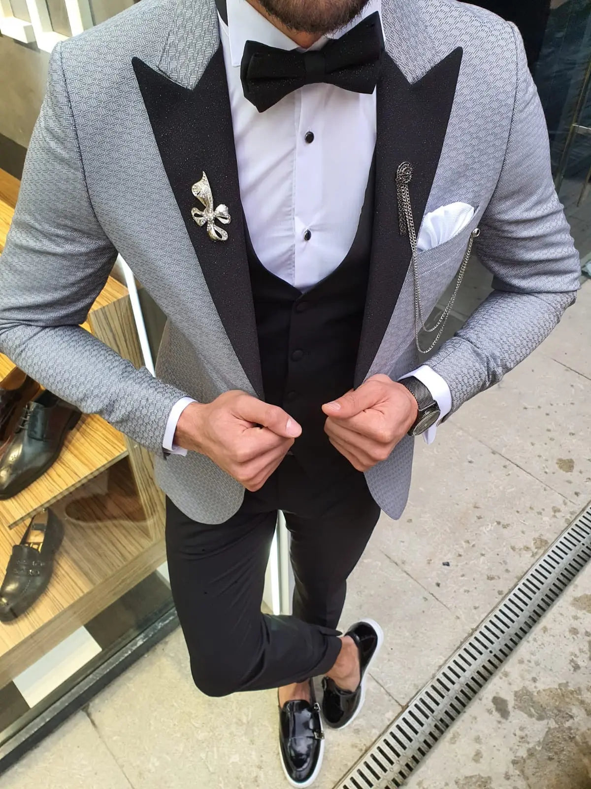 VillaNova Gray Slim Fit Patterned Tuxedo - BRABION
