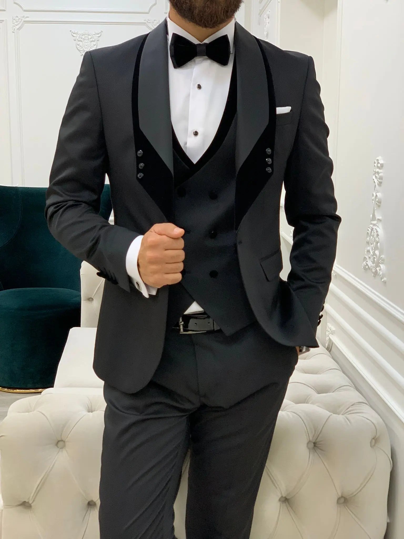 Infinite Black Slim Fit Velvet Shawl Lapel Tuxedo - BRABION